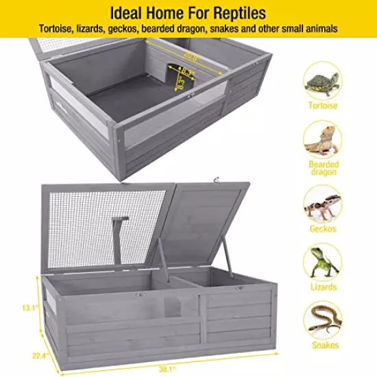 Aivituvin Wooden Tortoise House Large Tortoise Habitat, Indoor Tortoises Enclosure For Small Animals, Outdoor Reptile Cage - Upgraded Weatherproof Bottom Grey