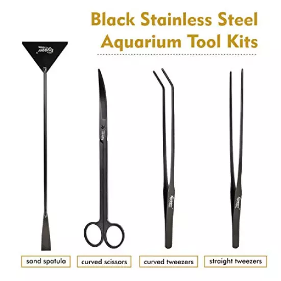 hygger Long Aquarium Aquascaping Tools Kit, Black Color Stainless Steel Premium Aquatic Plant Tweezers Scissors Spatula Kit Comes with 1 Cleaning Cloth (1 Tool Holder), for Fish Tank Starters