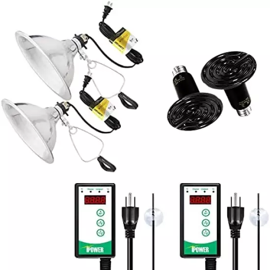 Simple Deluxe 150W Reptile Heat Bulb And 8.5 Inch Clamp Light, 40-108 Degrees Fahrenheit Digital Thermostat Controller Included, For Amphibian Pet & Incubating Chicken