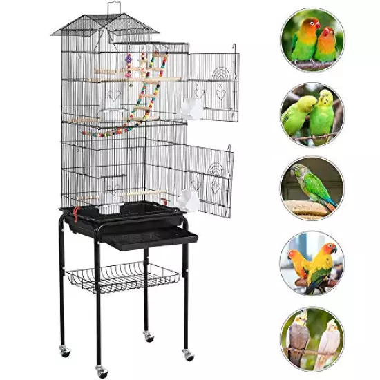 Yaheetech 62.4'' Roof Top Bird Cage Wrought Iron Rolling Parrot Cage for Medium Small Birds Budgies Cockatiels Parakeets