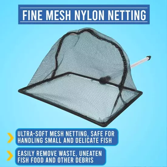 FISH PROS Fish Net for Fish Tank, 2.5 Inch Deep Mesh Scooper with Extendable Handle up to 24 Inches Long Large Scoop, Telescopic Pond Skimmer Nets for Cleaning Tanks as Aquarium Accessories