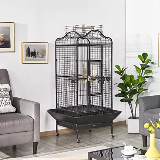 Yaheetech 63'' Bird Cage with Stand Wrought Iron Rolling Open Play Top Large Parrot Bird Cage for Mini Macaw Goffin Cockatoo Cockatiels African Grey Small Quaker Amazon Parrot