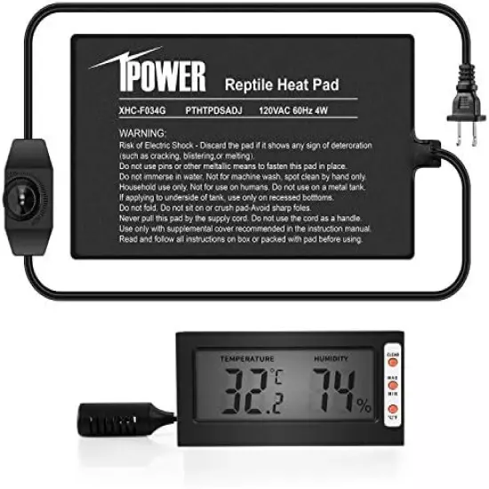 IPower Reptile Heat Mat Under Tank Warmer 4W/8W/16W/24W Terrarium Heater Heating Pad With Temperature Adjustable Controller Knob, Digital Thermometer And Hygrometer For Amphibian, Multi Sizes