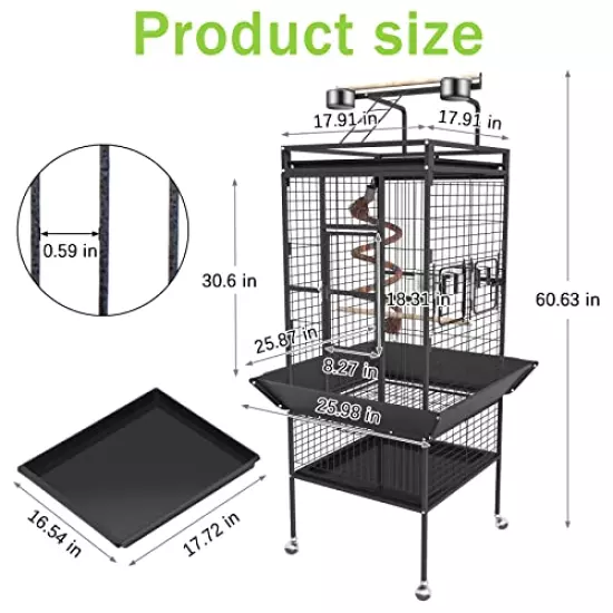 Bird Cage, Large Bird Cages Aviary with Stand on Caster Wheels, Wrought Iron Birdcage with Play Top, Used as Parakeet Cage, Parrot or Flight for Pigeons, Cockatiels