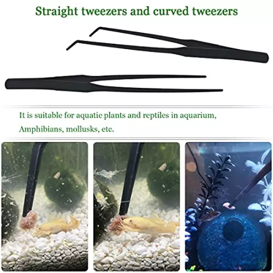 2 Pcs Feeding Tongs, Aquarium Tweezers Stainless Steel Straight and Curved Tweezers Set 27cm/10.6 inches Aquascaping Tools for Hold Worms, Reptiles, Lizards, Bearded Dragon (Black)