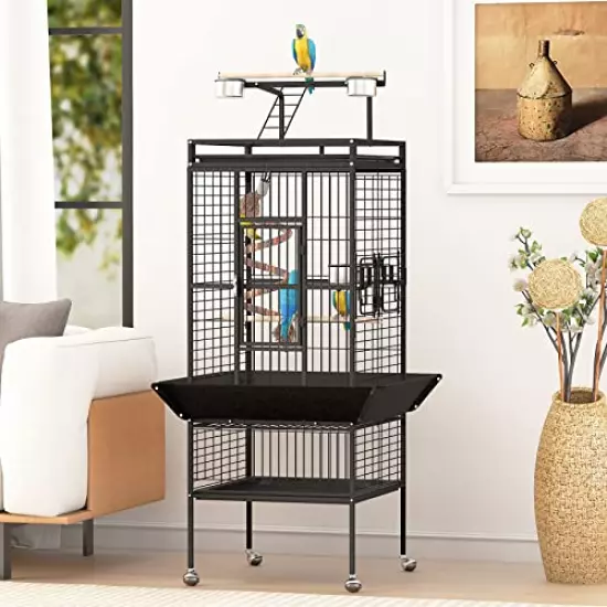 Bird Cage, Large Bird Cages Aviary with Stand on Caster Wheels, Wrought Iron Birdcage with Play Top, Used as Parakeet Cage, Parrot or Flight for Pigeons, Cockatiels