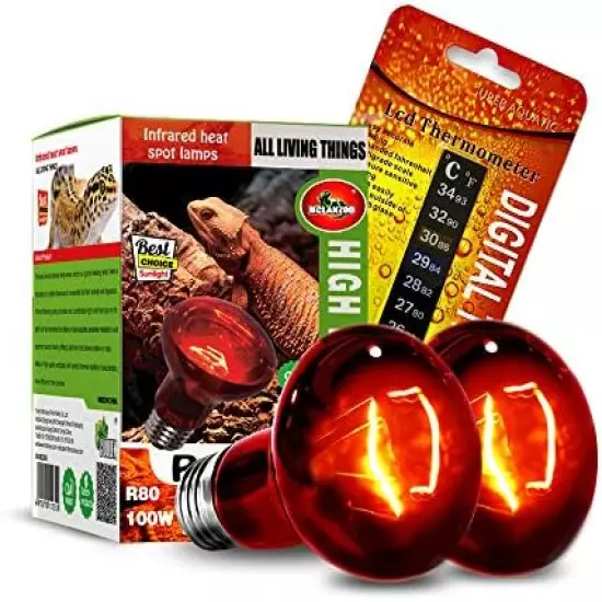 MCLANZOO 2 Pack 100W Reptile Heat Lamp Bulb Infrared Basking Spot Heat Lamp For Reptiles & Bearded Dragon Amphibian, Chicks, Dog Heating Use With Stick-on Digital Temperature Thermometer