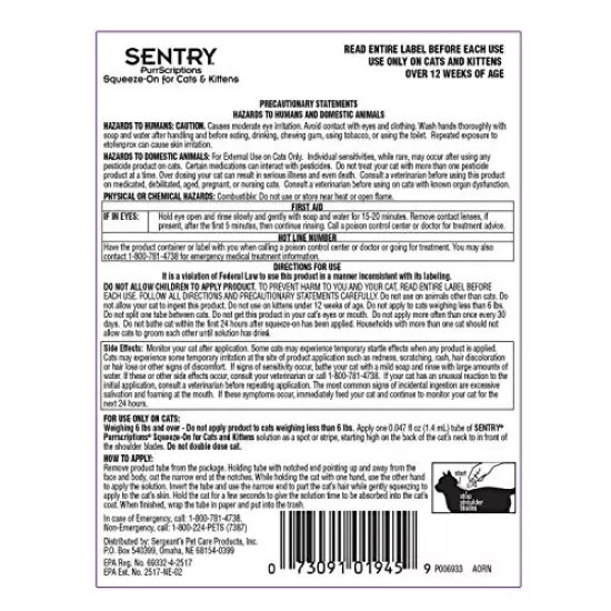 SENTRY PurrScriptions Flea and Tick Topical for Cats, Over 5 lbs, 3 Month Supply