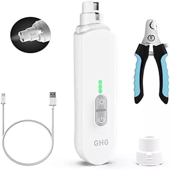 GHG Dog Nail Grinder Upgraded - Professional LED Lighting 3-Speed Rechargeable Pet Nail Trimmer With Clippers, Quiet Low Noise, Paws Grooming And Smoothing For Small Medium Large Dogs And Cats White