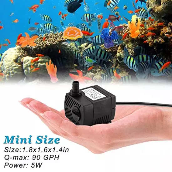 90 GPH Mini Submersible Pump, Small Fountain Pump (5W 350L/H) for water feature, Aquariums, Fish Tank, Tabletop Fountain, Pet Fountain, Indoor or Outdoor Pond Fountain