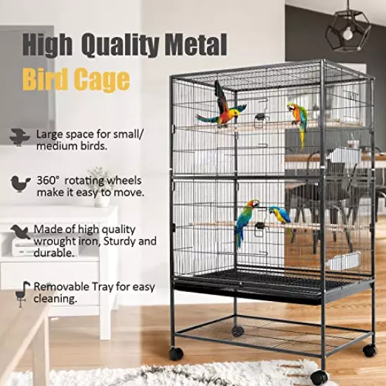 Bird Cage Large Bird Cage 53 Inch Wrought Iron Birdcages Flight King Bird Cage for Parakeets Cockatiels Parrot Green Cheek Conures Pigeons Lovebird with Rolling Stand,Removable Tray