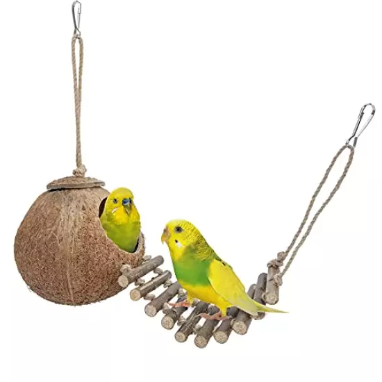 Niteangel 100% Natural Coconut Hideaway with Ladder, Bird and Small Animal Toy