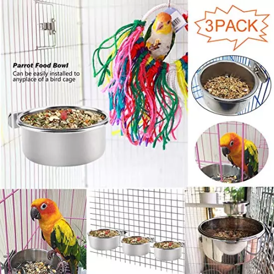 PINVNBY Bird Feeding Dish Cups Parrot Stainless Steel Food Water Dish Perch Stand Platform Paw Grinding Toy Feeder Cage Bowl with Clamp Holder for Budgies Parakeet Macaw Small Animal (5 Pack)