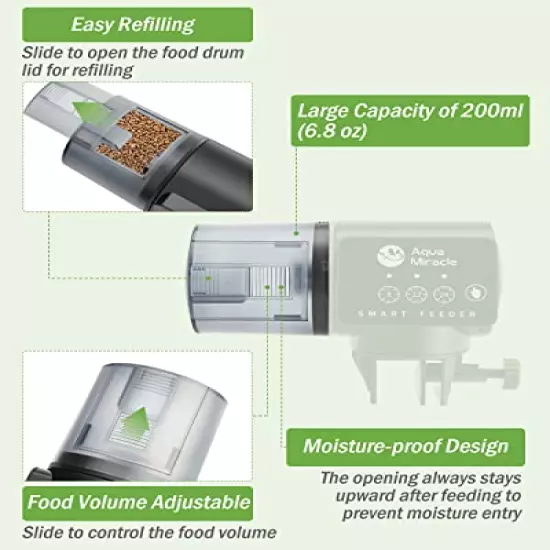 AquaMiracle Automatic Fish Feeder for Aquarium,Fish Feeder Automatic Dispenser with Timer Fish Food Timer Fish Food Vacation Feeder Auto Fish Feeder,for Granule Flakes Pallets Strips,Volume Adjustable