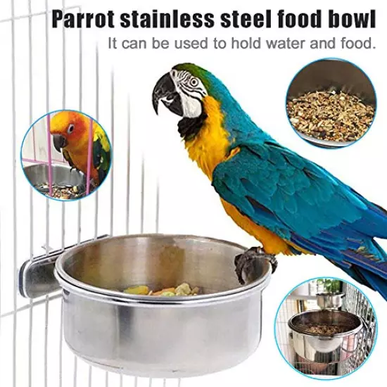 PINVNBY Bird Feeding Dish Cups Parrot Stainless Steel Food Water Dish Perch Stand Platform Paw Grinding Toy Feeder Cage Bowl with Clamp Holder for Budgies Parakeet Macaw Small Animal (5 Pack)