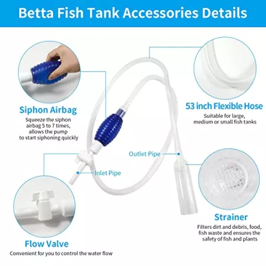 Fish Tank Cleaning Tools, Aquarium Cleaning Kit, Betta Fish Tank Accessories, Aquarium Gravel Cleaner, Algae Scrapers 5 in 1 Kit for Water Change and Sand Cleaner, Long Siphon Nozzle with Valve