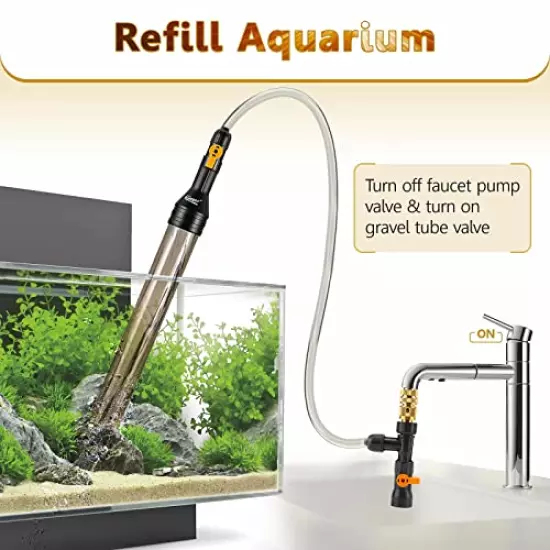 hygger Bucket-Free Aquarium Water Change Kit Metal Faucet Connector Fish Tank Vacuum Siphon Gravel Cleaner with Long Hose 25FT 33FT 49FT Drain & Fill