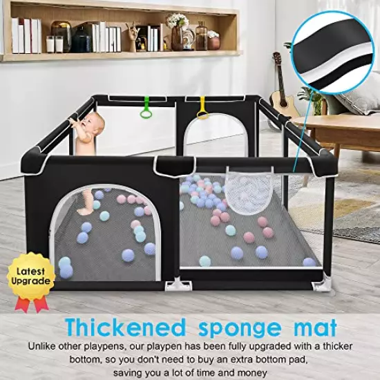 Baby Playpen, Baby Playard, Playpen for Babies with Gate Indoor & Outdoor Kids Activity Center, Newly Upgraded playpen with Thickened Bottom, Play Yard with Soft Breathable Mesh(Black)