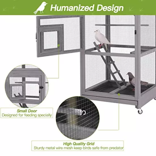 GUTINNEEN Outdoor Bird Aviary Wooden Large Bird Cage on Wheels, Featuring Play Stand, Perches, Nest Habitat, Include Wire Mesh Above Bottom Tray Easy to Clean