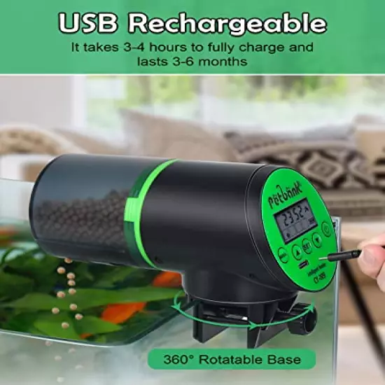 Petbank Automatic Fish Feeder - Rechargeable Timer Fish Feeder with USB Charger Cable, Fish Food Dispenser for Aquarium or Fish Tank