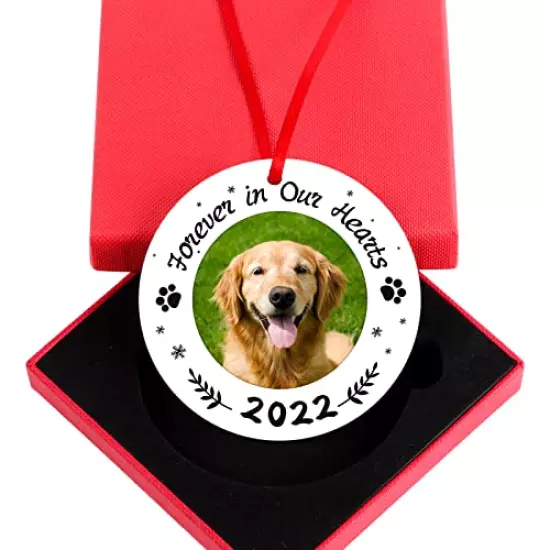 WaaHome Picture Frame Dog Memorial Christmas Ornaments 2022, Forever in Our Hearts Pet Memorial Ornaments for Christmas Tree, Pet Memorial Gifts, Sympathy Remembrance Gifts for Loss of Dog Cat Pet