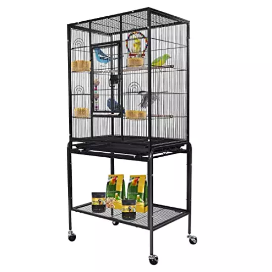 Large Bird Cage 53-inch Wrought Iron Large Bird Flight Cage with Rolling Stand & Bottom Tray for Lovebirds Finches African Grey Parrot Cockatiel Parrotlet Conures, Black Grey