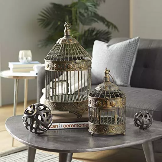 Deco 79 Metal Round Birdcage with Latch Lock Closure and Top Hook, Set of 2 24", 16"H, Bronze