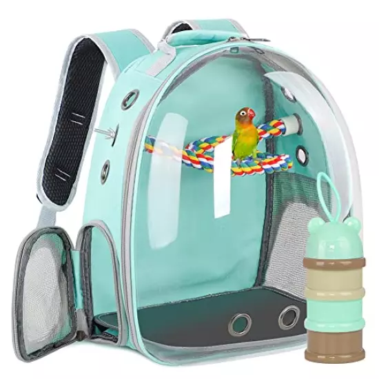 Green Bird Backpack Carrier with Portable Bird Feeder Cups, Pet Bubble Carrier for Pet Birds, Airline-Approved, Ventilate Transparent Space Capsule Carrier Backpack for Travel, Hiking and Outdoor Use