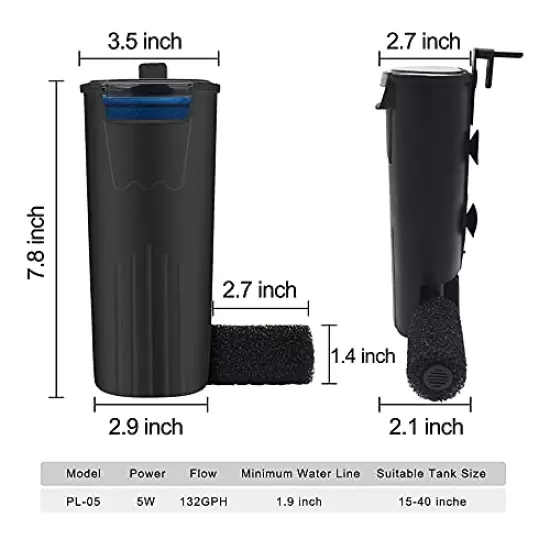 PULACO Aquarium Internal Filter 3 to 20 Gallons, for Turtle Tanks, Reptiles, Amphibians, Frog, Cichlids, Newt or Fish Tank