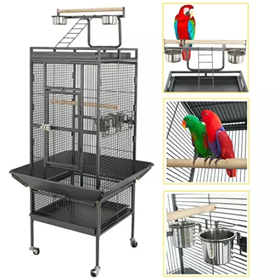 ZENY 61-inch Playtop Parrot Bird Cage, Wrought Iron Birdcage with Rolling Stand for Medium Pet Bird Like Cockatiels Quaker Conure Parakeet Lovebird Finch, Black