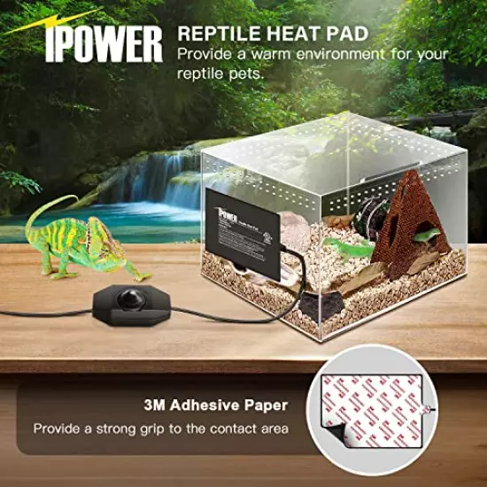 IPower Reptile Heat Mat Under Tank Warmer 4W/8W/16W/24W Terrarium Heater Heating Pad With Temperature Adjustable Controller Knob, Digital Thermometer And Hygrometer For Amphibian, Multi Sizes