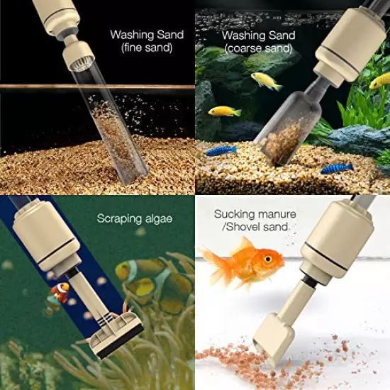 bedee Aquarium Vacuum Gravel Cleaner Electric Fish Tank Cleaner 6 in 1 Automatic Water Changer Filter for Washing Sand Removable Siphon Vacuum Gravel Cleaner 18W IP68 Waterproof Safer Beige Style