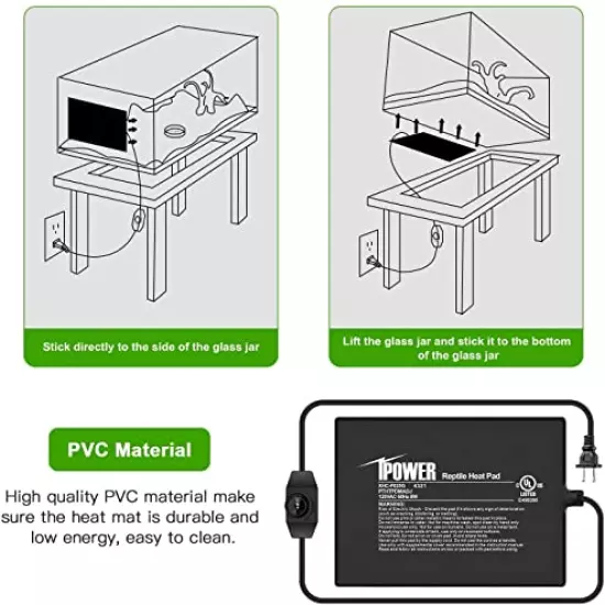 IPower Reptile Heat Mat Under Tank Warmer 4W/8W/16W/24W Terrarium Heater Heating Pad With Temperature Adjustable Controller Knob, Digital Thermometer And Hygrometer For Amphibian, Multi Sizes