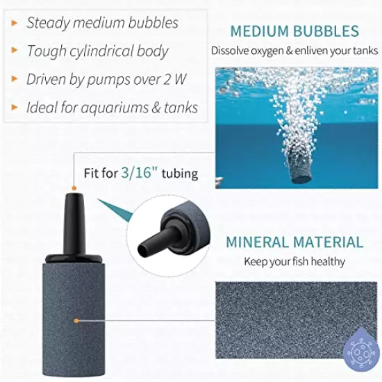 Pawfly 0.6/1/1.2 Inch Air Stone Cylinder Bubble Diffuser Airstones for Aquarium Fish Tank Pump Grey