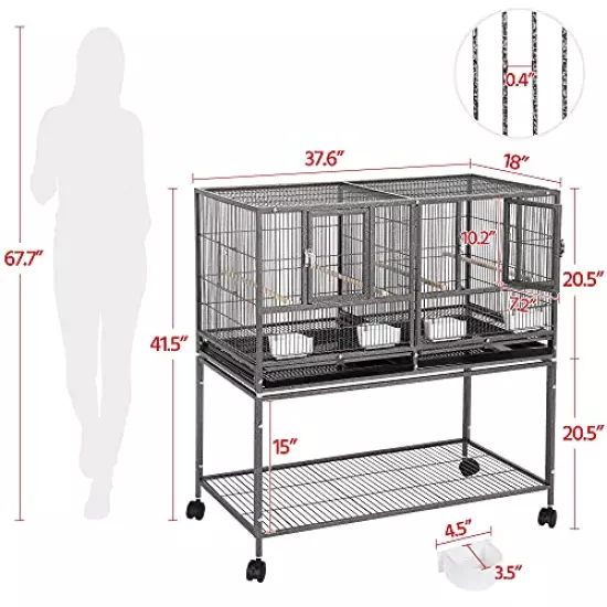 Yaheetech 41.5" Stackable Divided Breeder Breeding Parakeet Bird Cage for Canaries Cockatiels Lovebirds Finches Budgies Small Parrots with Rolling Stand