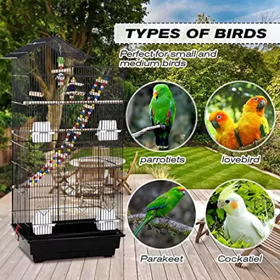 Bird Cage, Parrot Cage 39 inch Parakeet Cage Accessories with Bird Stand Medium Roof Top Large Flight cage for Small Cockatiel Canary Parakeet Conure Finches Budgie Lovebirds Pet Toy