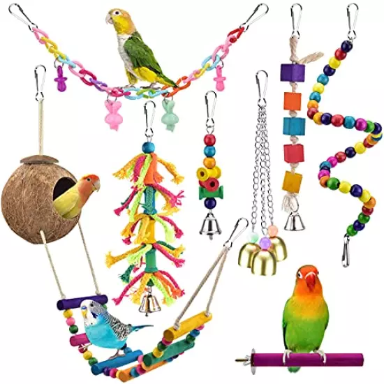 KATUMO Bird Toys, Natural Coconut Bird House with Colorful Ladder Hanging Chewing Toys Hammock Climbing Ladder Bird Colorful Toys with Bells for Parakeet, Conure, Cockatiel, Mynah, Love Birds, Finch