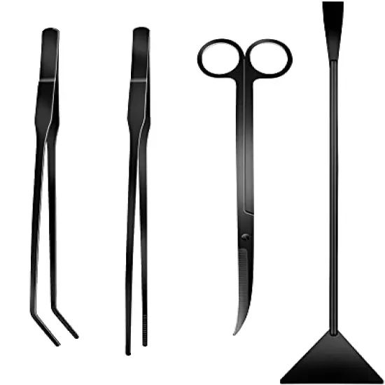 4Pcs Aquascaping Tools Kit, Long Stainless Steel Aquarium Plant Tools with Black Anti-Rust Coating, Aquarium Tweezers, Scissors, and Scrapers for Aquascaping Cleaning（Free Magnetic Tool Holder）