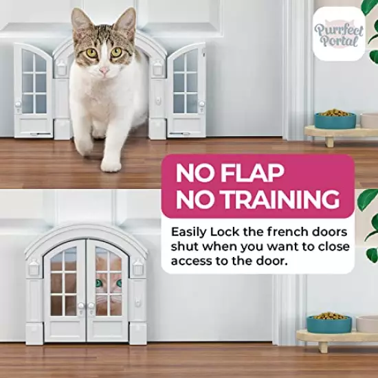 Purrfect Portal French Cat Door - Stylish No-Flap Cat Door Interior Door for Average-Sized Cats Up to 20 lbs, Easy DIY Setup, Secured Installation in Minutes, No Training Needed, 7.13 x 8.32”