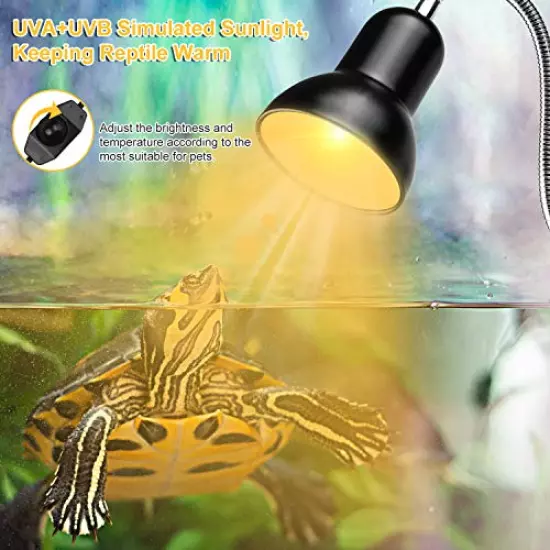 Dallfoll Reptile Heat Lamps, Turtle Lamp UVA/UVB Turtle Aquarium Tank Heating Lamps With Clamp, 360° Rotatable Basking Lamp For Lizard Turtle Snake Aquarium Aquatic Plants With 2 Heat Bulbs (E27,110V)