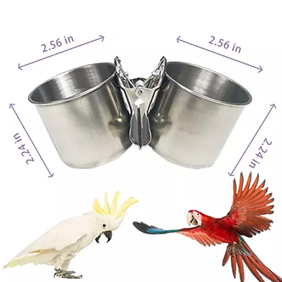 Texsens Bird Feeding Cups - Parrot Food Dish Stainless Steel Parrot Feeders Water Cage Bowls with Clamp Holder for Parakeet African Greys Conure Cockatiels Budgies Chinchilla Small Animal