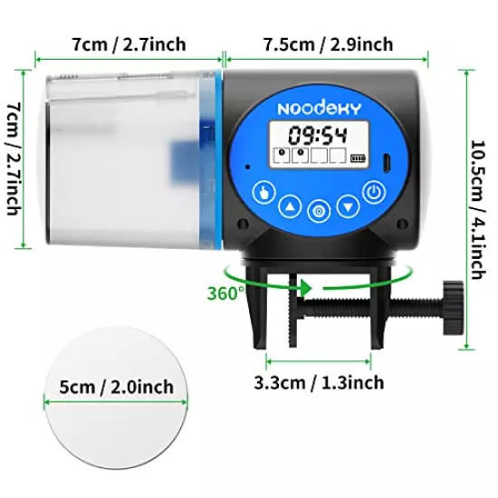 Noodoky Automatic Fish Feeder, Rechargeable Auto Fish Food Feeder Timer Dispenser for Aquarium or Small Fish Turtle Tank, Auto Feeding on Vacation or Holidays - USB Charger Cable Included