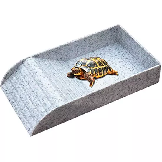 WINGOFFLY Large Reptile Feeding Dish With Ramp And Basking Platform Plastic Turtle Food And Water Bowl Also Fit For Bath Aquarium Habitat For Lizards Amphibians Emulational Granite