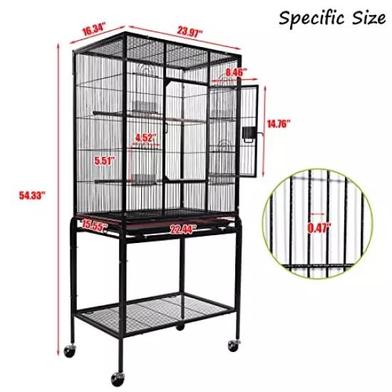 Large Bird Cage 53-inch Wrought Iron Large Bird Flight Cage with Rolling Stand & Bottom Tray for Lovebirds Finches African Grey Parrot Cockatiel Parrotlet Conures, Black Grey