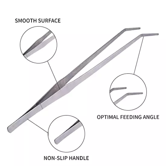 Firesteed Extra Long Handle Aquarium Tweezers Serving Tongs Feed clamp,2 Pack Stainless Steel Straight and Curved Tweezers Set for Fish Tank Plants Reptile Feeding Tongs（15 Inchs）