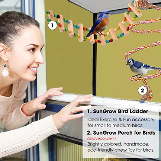 SunGrow Bird Ladder Bridge, Helps Birds with Balance, Made with Raw Wood and Edible Dye, Easy Installation, Bright, Durable and Flexible, Suitable for Small to Medium Birds