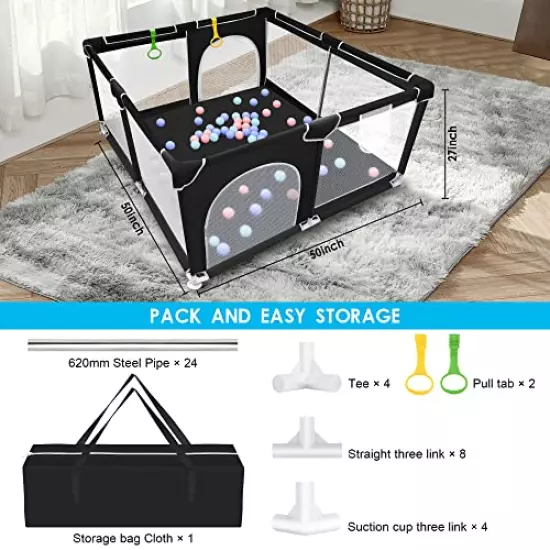 Baby Playpen, Baby Playard, Playpen for Babies with Gate Indoor & Outdoor Kids Activity Center, Newly Upgraded playpen with Thickened Bottom, Play Yard with Soft Breathable Mesh(Black)