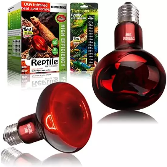 MCLANZOO 2 Pack 100W Reptile Heat Lamp Bulb Infrared Basking Spot Heat Lamp For Reptiles & Bearded Dragon Amphibian, Chicks, Dog Heating Use With Stick-on Digital Temperature Thermometer