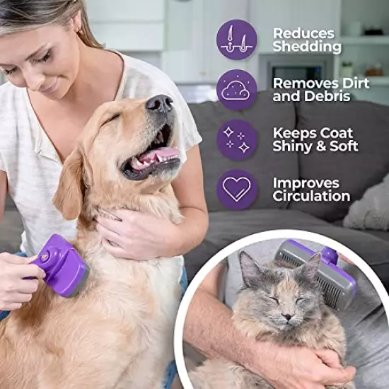 Hertzko Self-Cleaning Slicker Brush For Dogs, Cats - The Ultimate Dog Brush For Shedding Hair, Fur - Comb For Grooming Long Haired & Short Haired Dogs, Cats, Rabbits & More, Deshedding Tool, Cat Brush