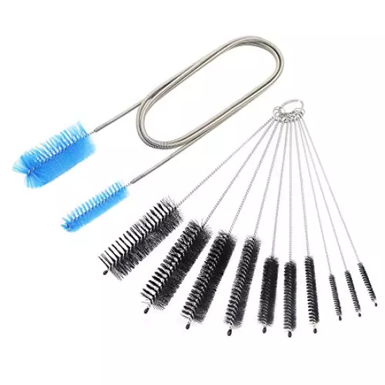 Aquarium Filter Brush Set, Flexible Double Ended Bristles Hose Pipe Cleaner with Stainless Steel Long Tube Cleaning Brush and 10 Pcs Different Sizes Bristles Brushes for Fish Tank or Home Kitchen